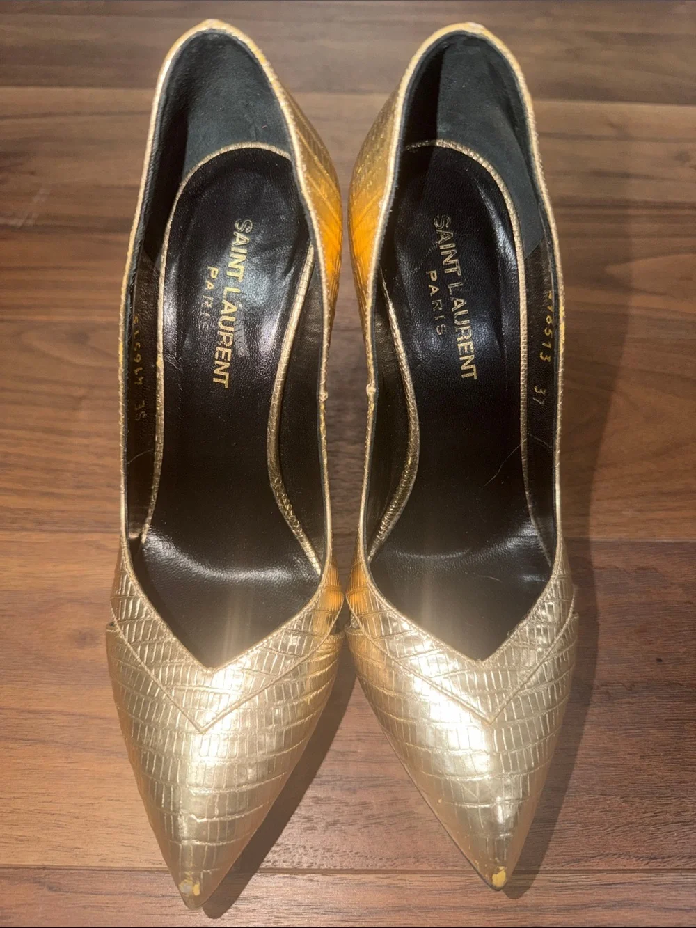 Saint Laurent Gold Croc-Embossed Leather Pointed Toe Pumps size 37 - Picture 2 of 8